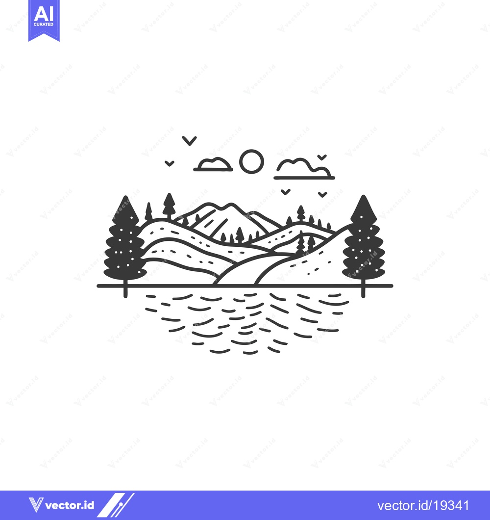 Premium Vector dari A Simple Black and White Line Drawing of a Mountain Range, Trees, and