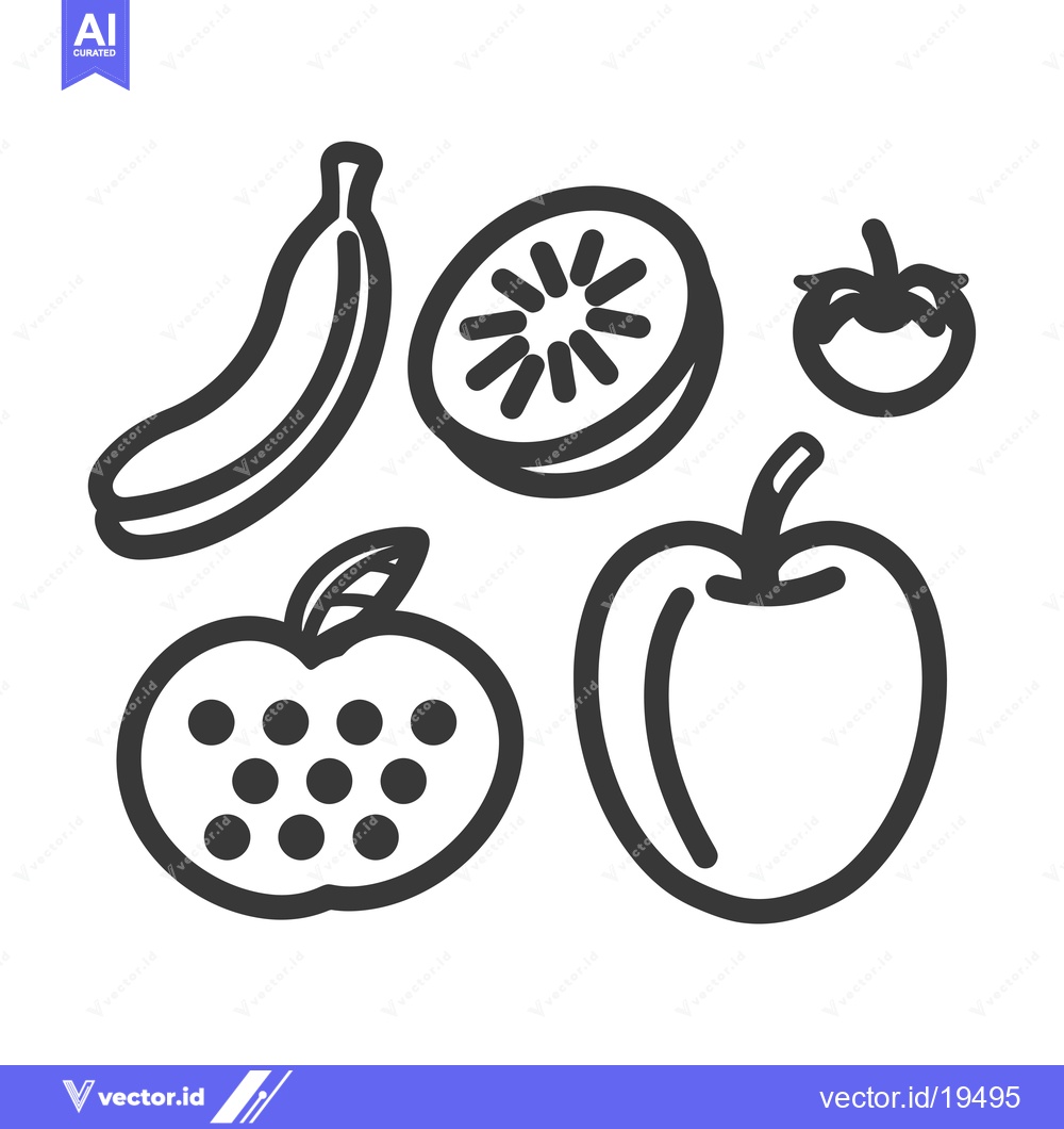 Premium Vector of A Simple Line Drawing of a Banana, Kiwi Slice, Apple, and Tomato