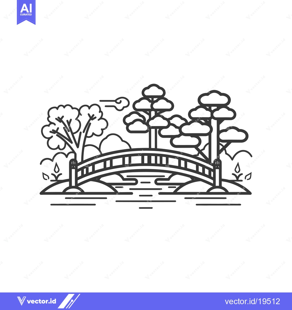 Premium Vector of A Simple Line Drawing of a Bridge Over a Stream With Trees