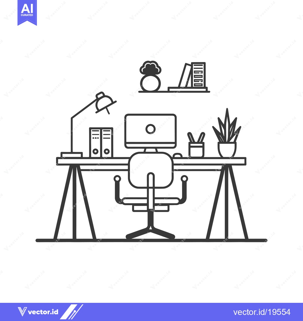 Premium Vector dari A Simple Line Drawing of a Desk with a Computer, Chair, and Plants