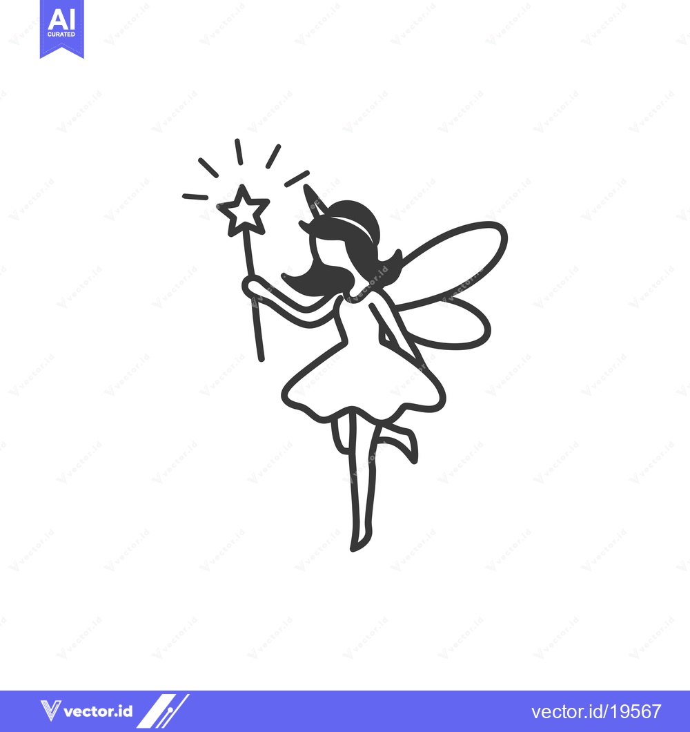 Premium Vector of A Simple Line Drawing of a Fairy with Wings and a Magic Wand