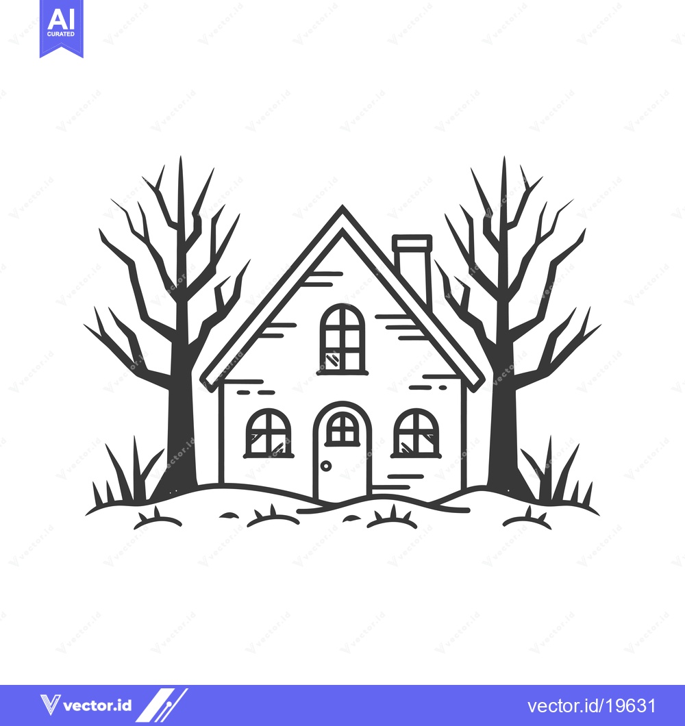 Premium Vector of A Simple Line Drawing of a House with Bare Trees