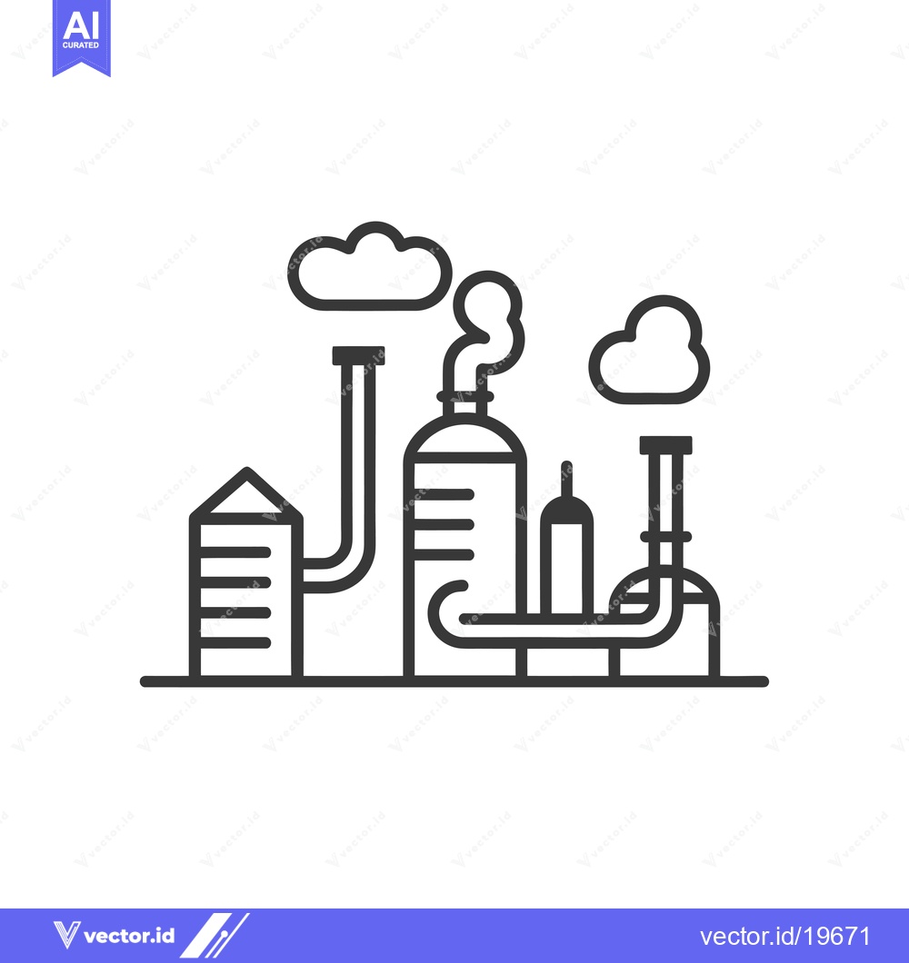 Premium Vector of A Simple Line Drawing of an Industrial Factory with Smoke Stacks and C