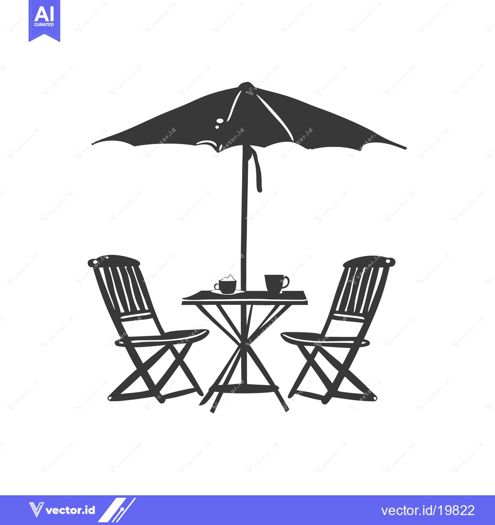 Premium Vector of A Simple Outdoor Patio Setting with an Umbrella, Table, and Two Chairs