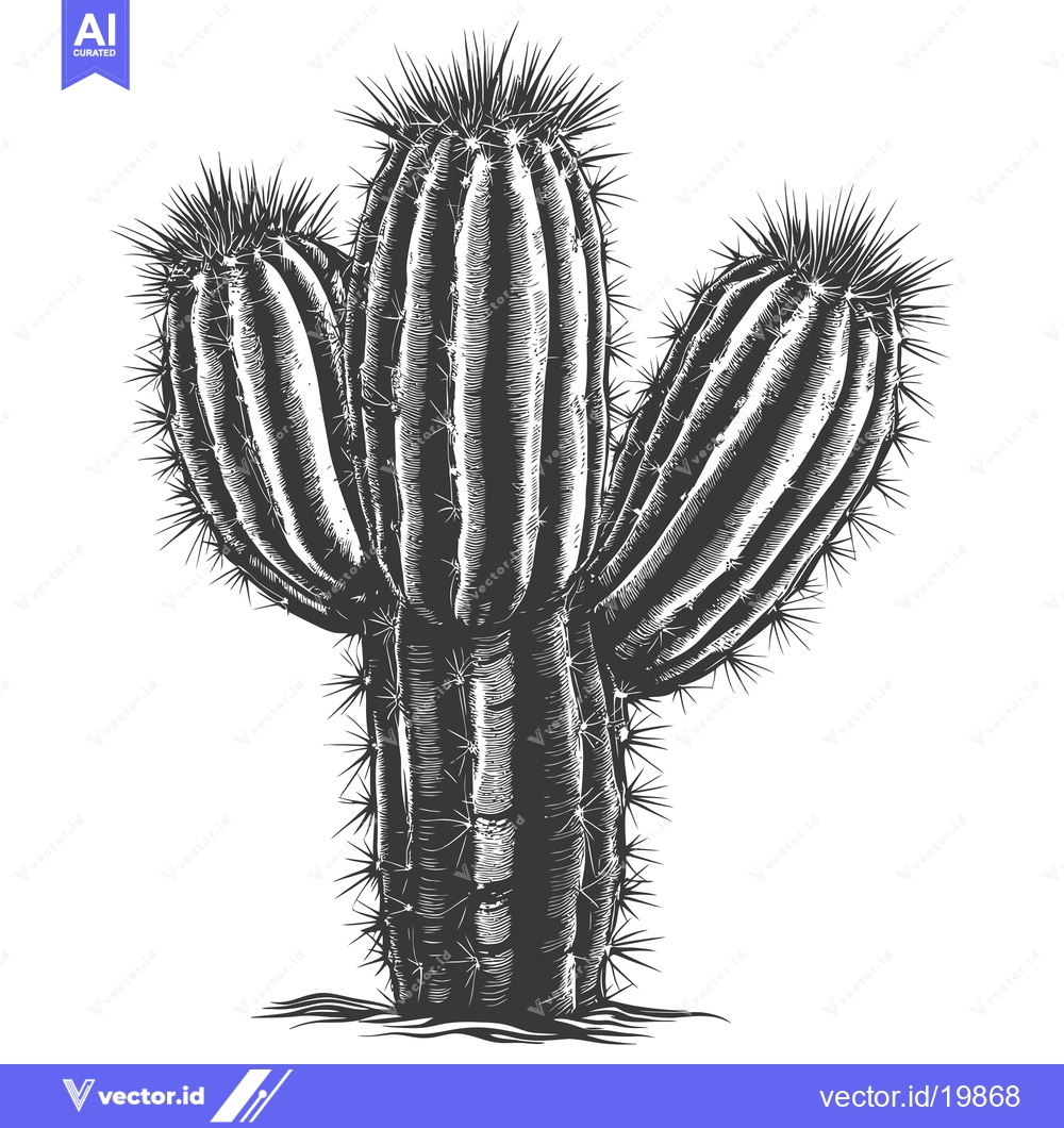 Premium Vector dari A Single Black and White Illustration of a Spiky Cactus
