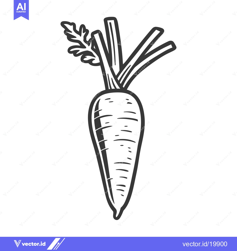 Premium Vector dari A Single Carrot with Its Green Tops and a Detailed Outline