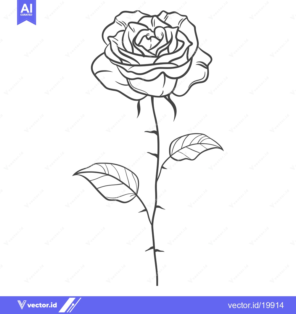 Premium Vector dari A Single Line Drawing of a Rose with Thorns and Leaves