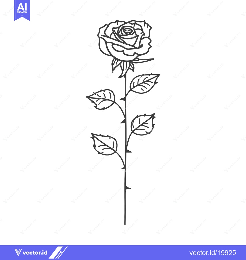 Premium Vector of A Single Rose with Stem and Leaves in Black and White Line Art