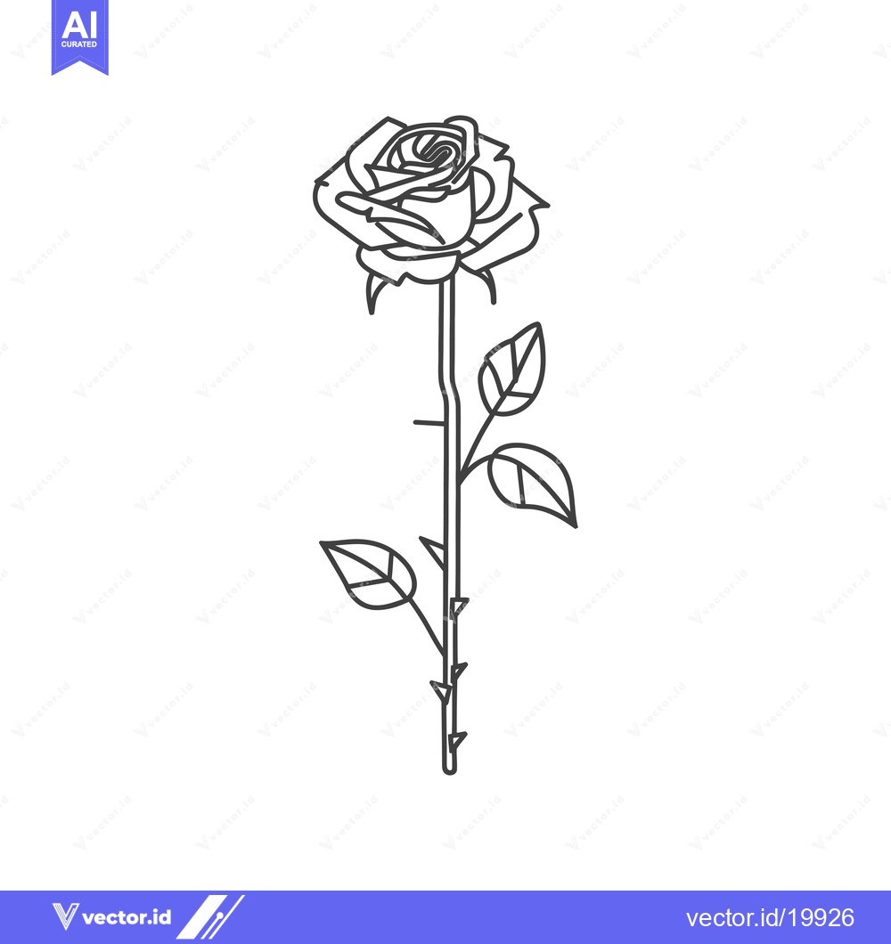 Premium Vector of A Single Rose with Stem and Leaves in Outline