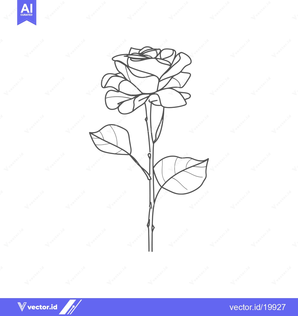 Premium Vector dari A Single Rose with Stem and Leaves in Outline Style
