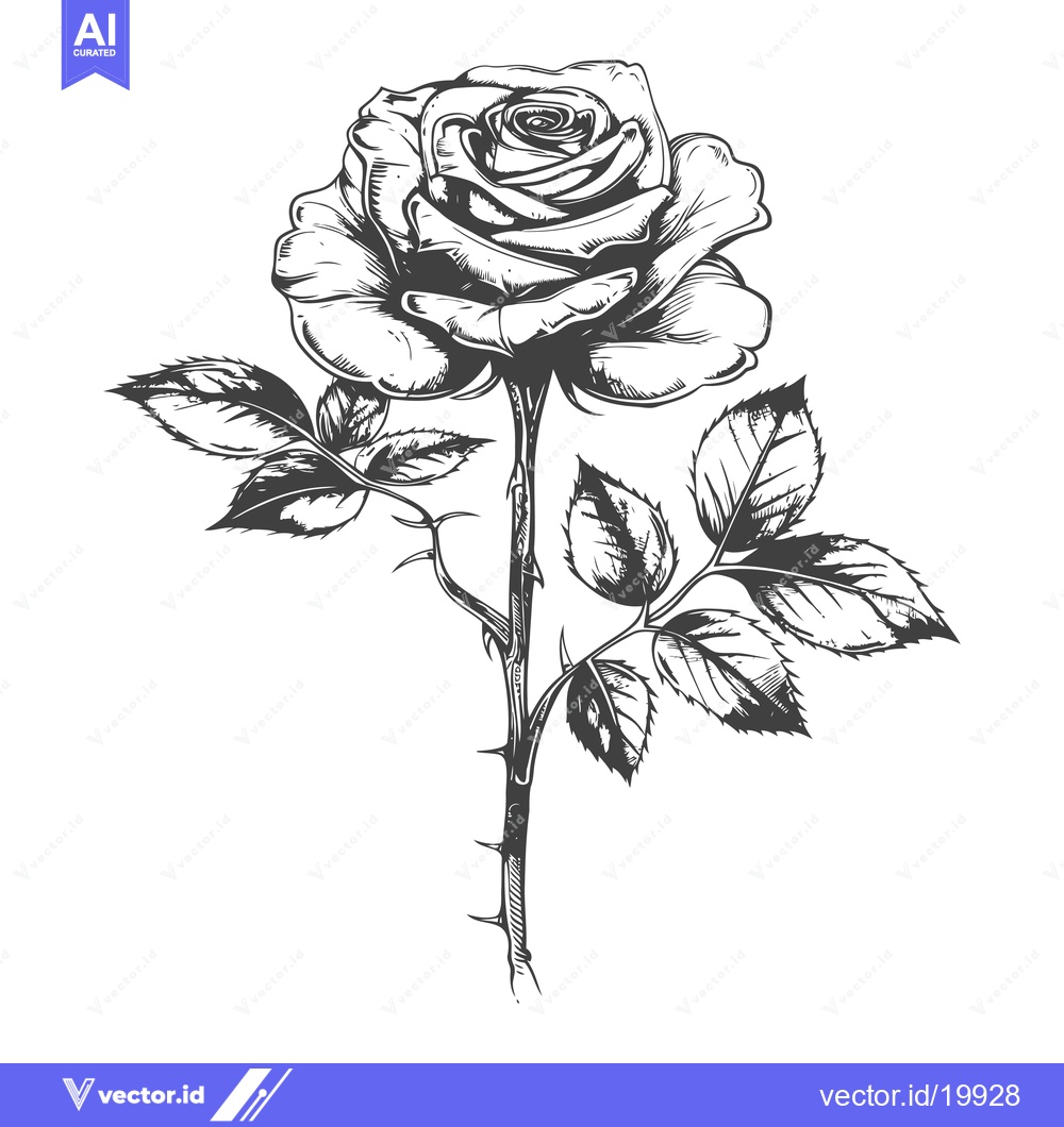 Premium Vector of A Single Rose with Thorns and Leaves in a Hand Drawn Illustration Styl