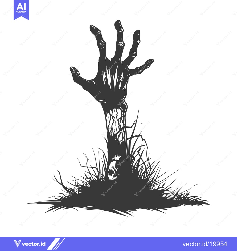 Premium Vector of A skeletal hand reaching from the grave with a skull.