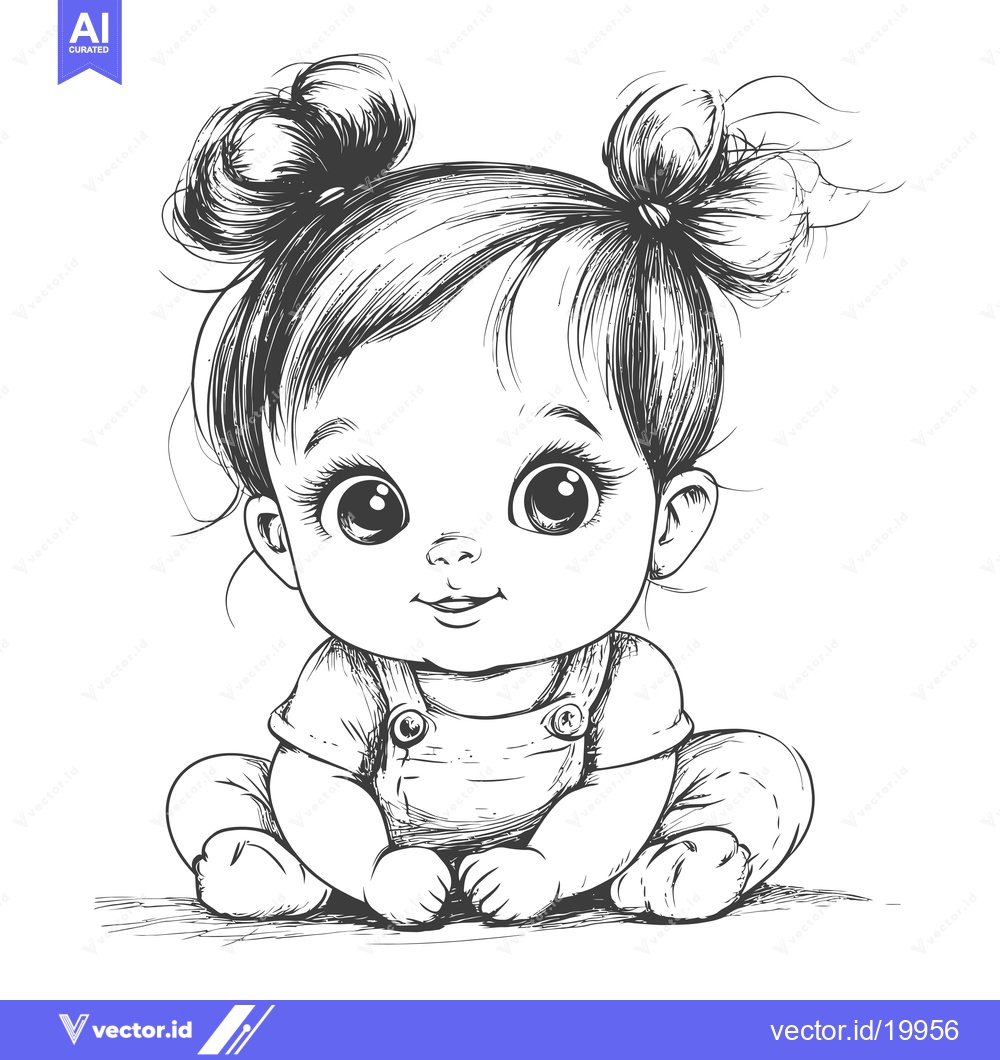 Premium Vector dari A Sketch of a Baby Girl with Big Eyes and Two Buns in Her Hair
