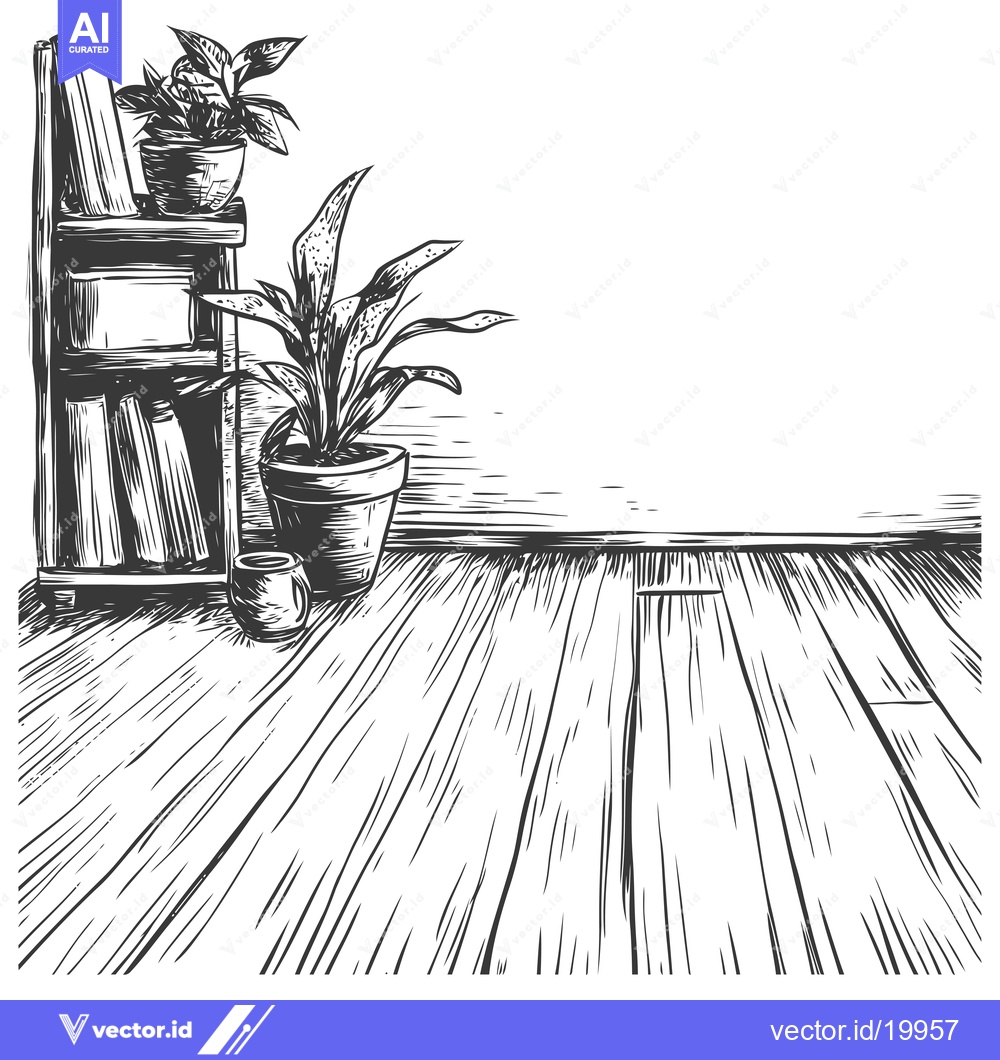 Premium Vector dari A Sketch of a Bookshelf with Plants and a Wooden Floor