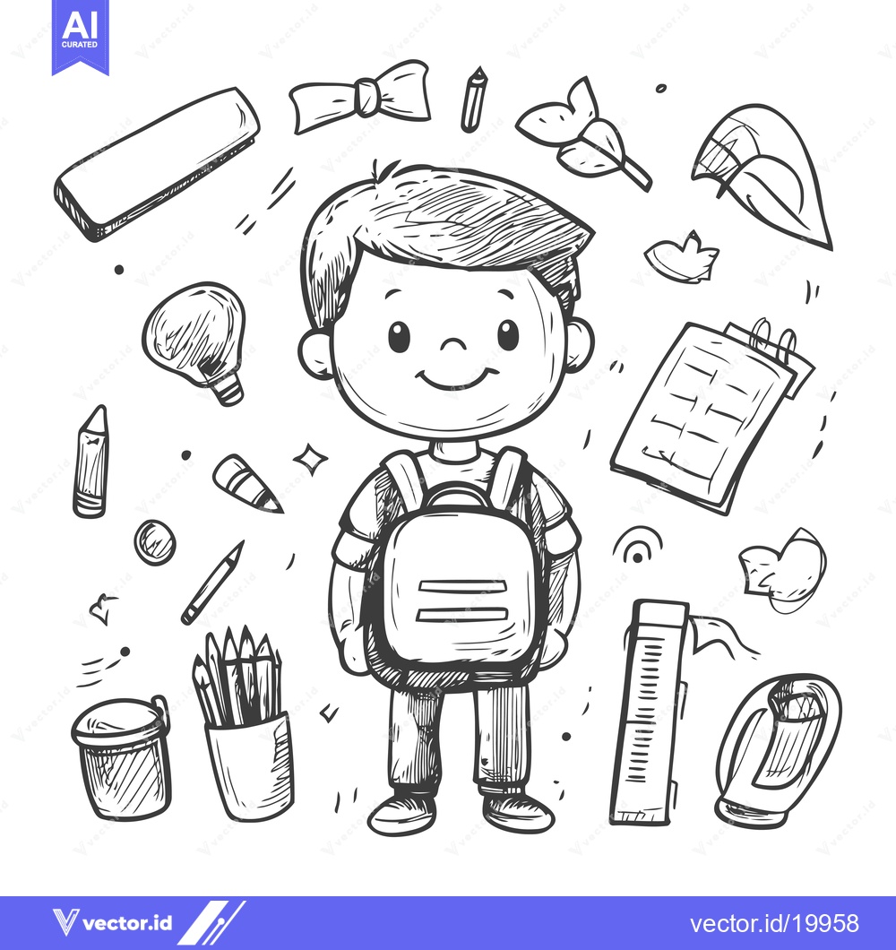 Premium Vector dari A Sketch of a Boy Carrying a Backpack Surrounded by School Supplies