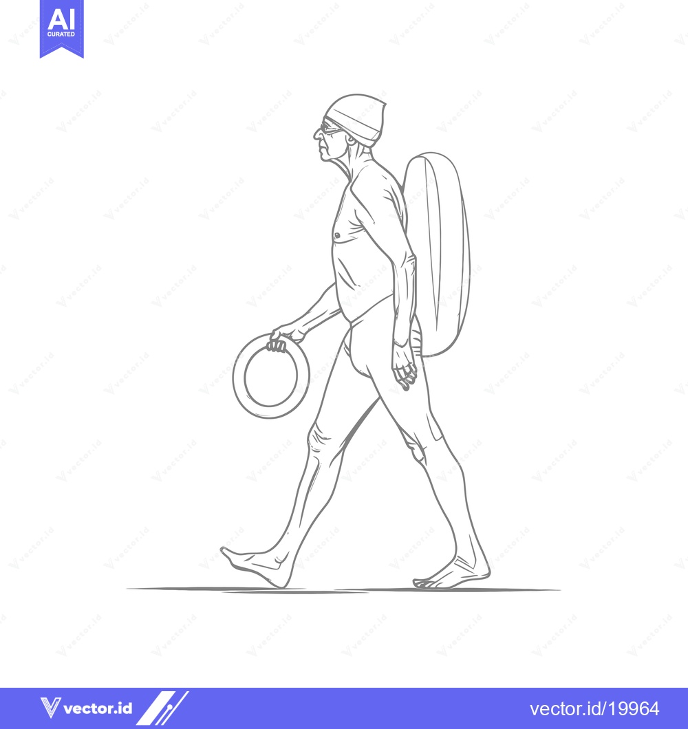 Premium Vector dari A Sketch of a Man in Swimwear Carrying a Surfboard and Life Ring