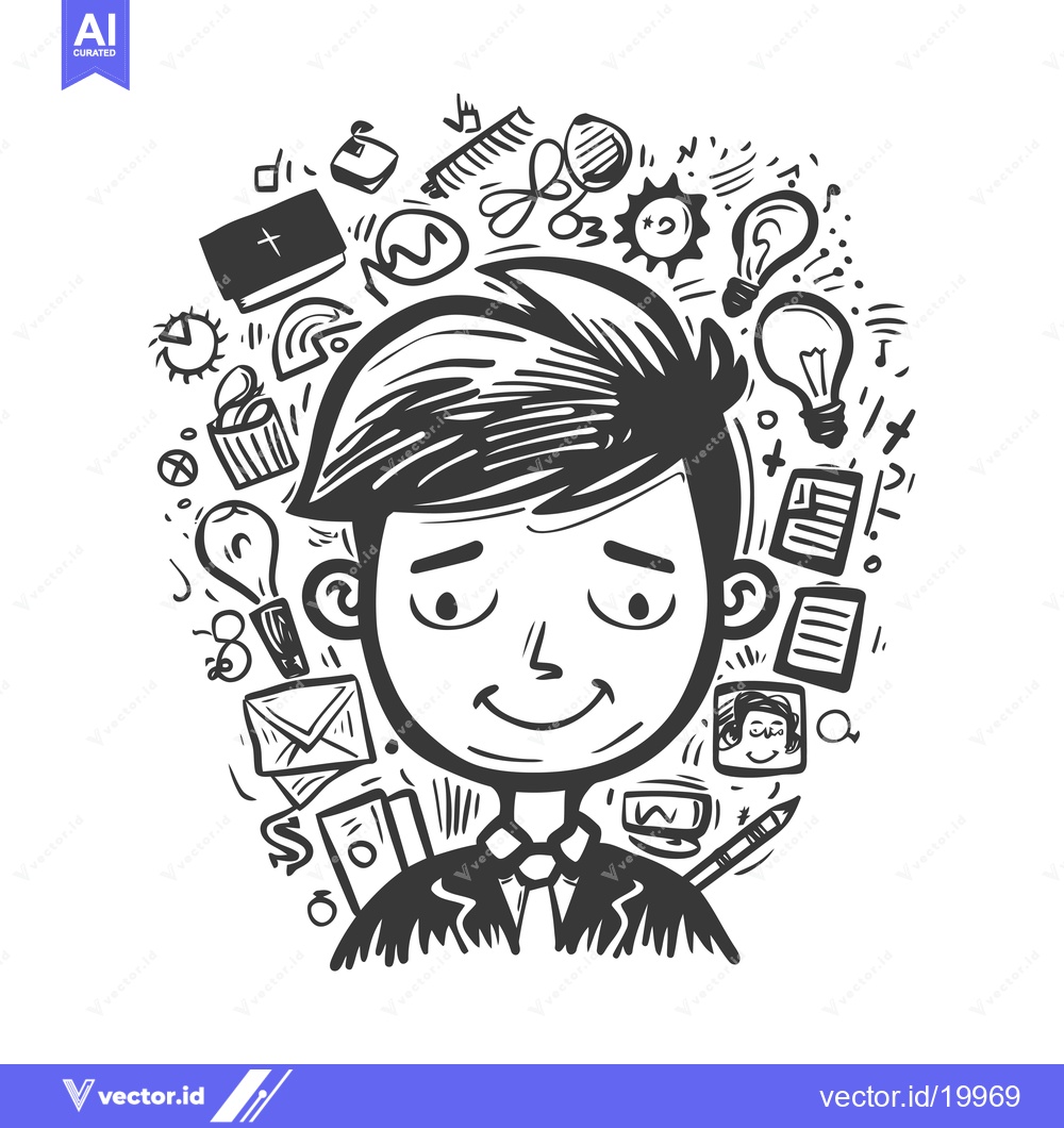 Premium Vector of A Sketch of a Person with a Busy Mind Surrounded by Objects