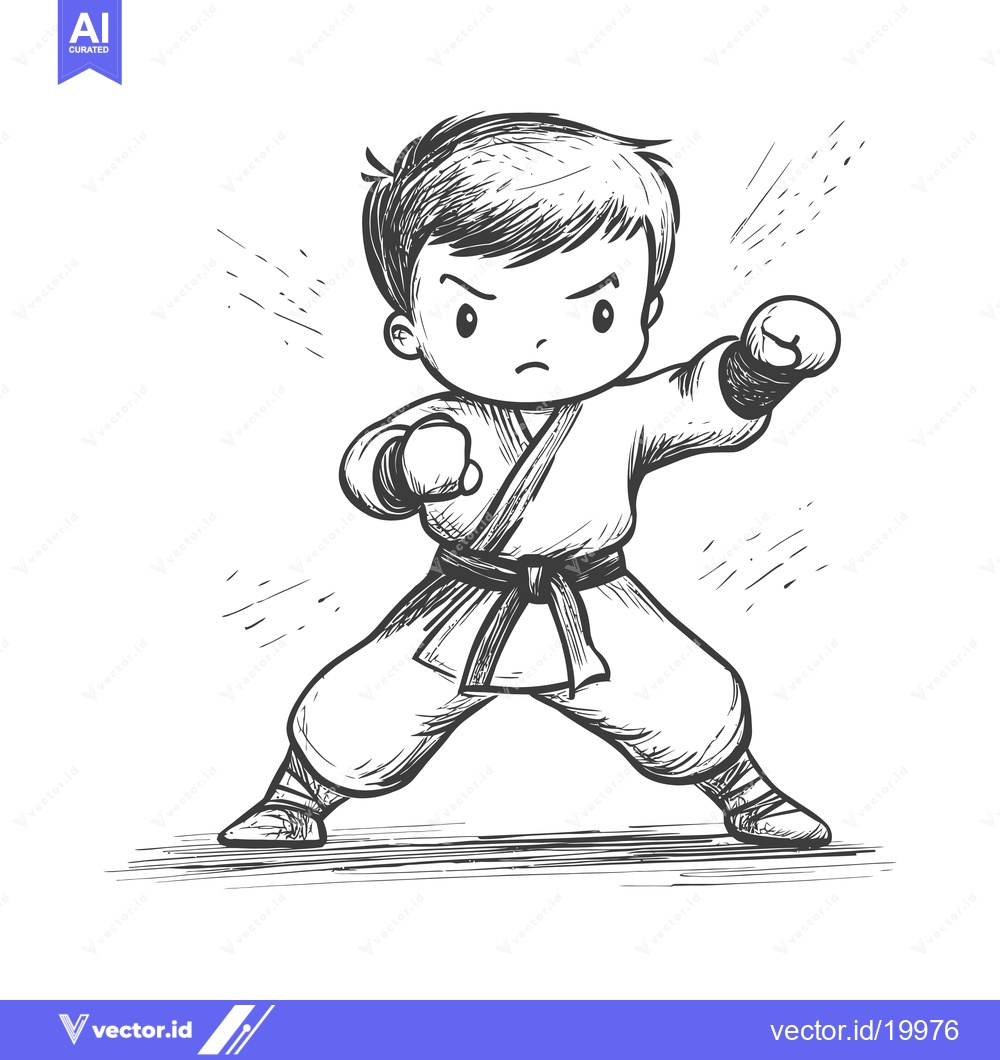 Premium Vector dari A Sketch of a Young Boy in a Karate Gi, Ready to Strike