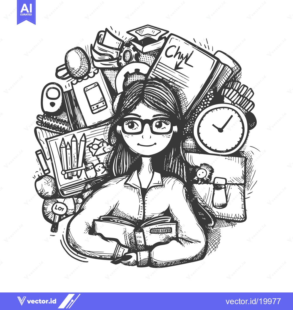 Premium Vector dari A Sketch of a Young Woman Surrounded by School Supplies and Books
