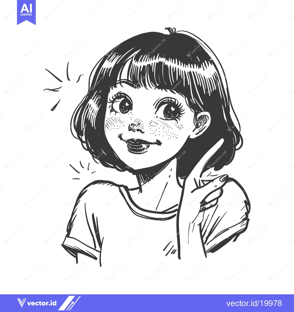Premium Vector of A sketch of a young woman with short hair, large eyes, and a smile, po