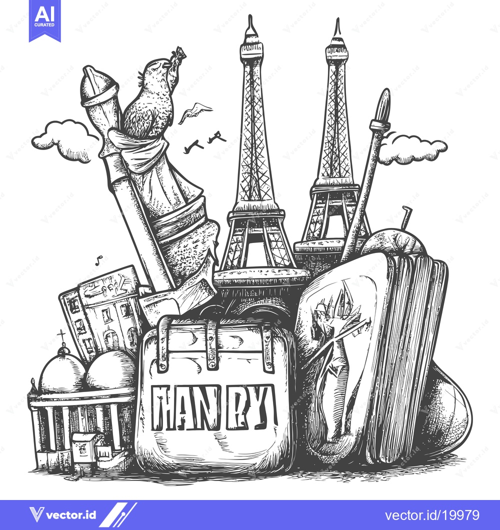 Premium Vector dari A Sketch of Iconic Parisian Landmarks and a Book Titled "Many"