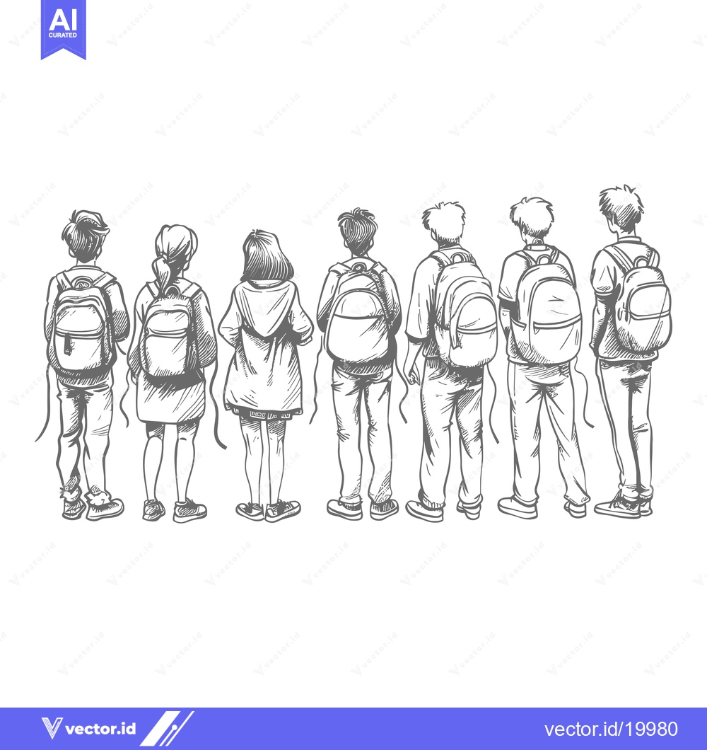 Premium Vector dari A Sketch of Seven Students Standing Back-to-Back with Backpacks