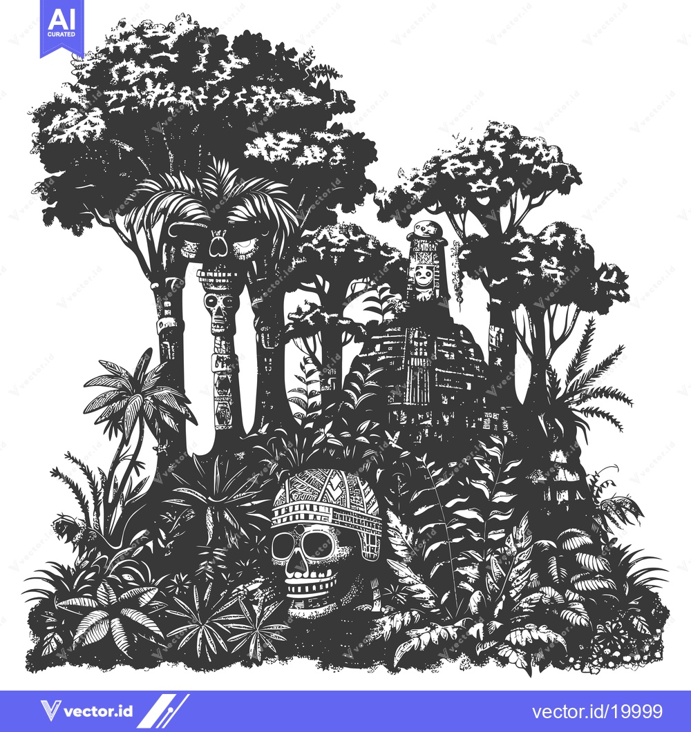 Premium Vector dari A Skull and Totem Poles Surrounded by Tropical Plants