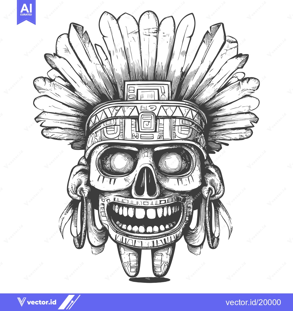 Premium Vector dari A Skull in a Feathered Headdress with Ancient Mayan Designs