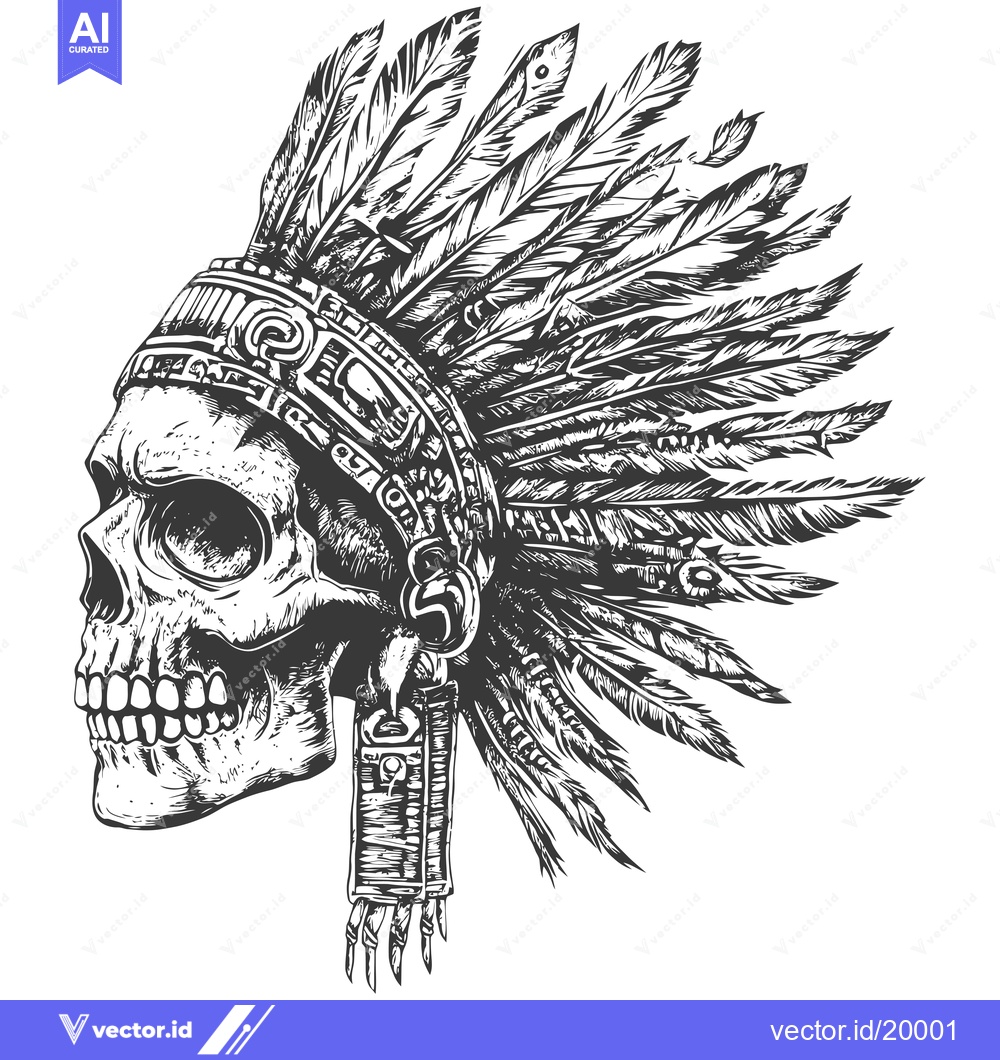 Premium Vector of A Skull Wearing an Ornate Headdress of Feathers
