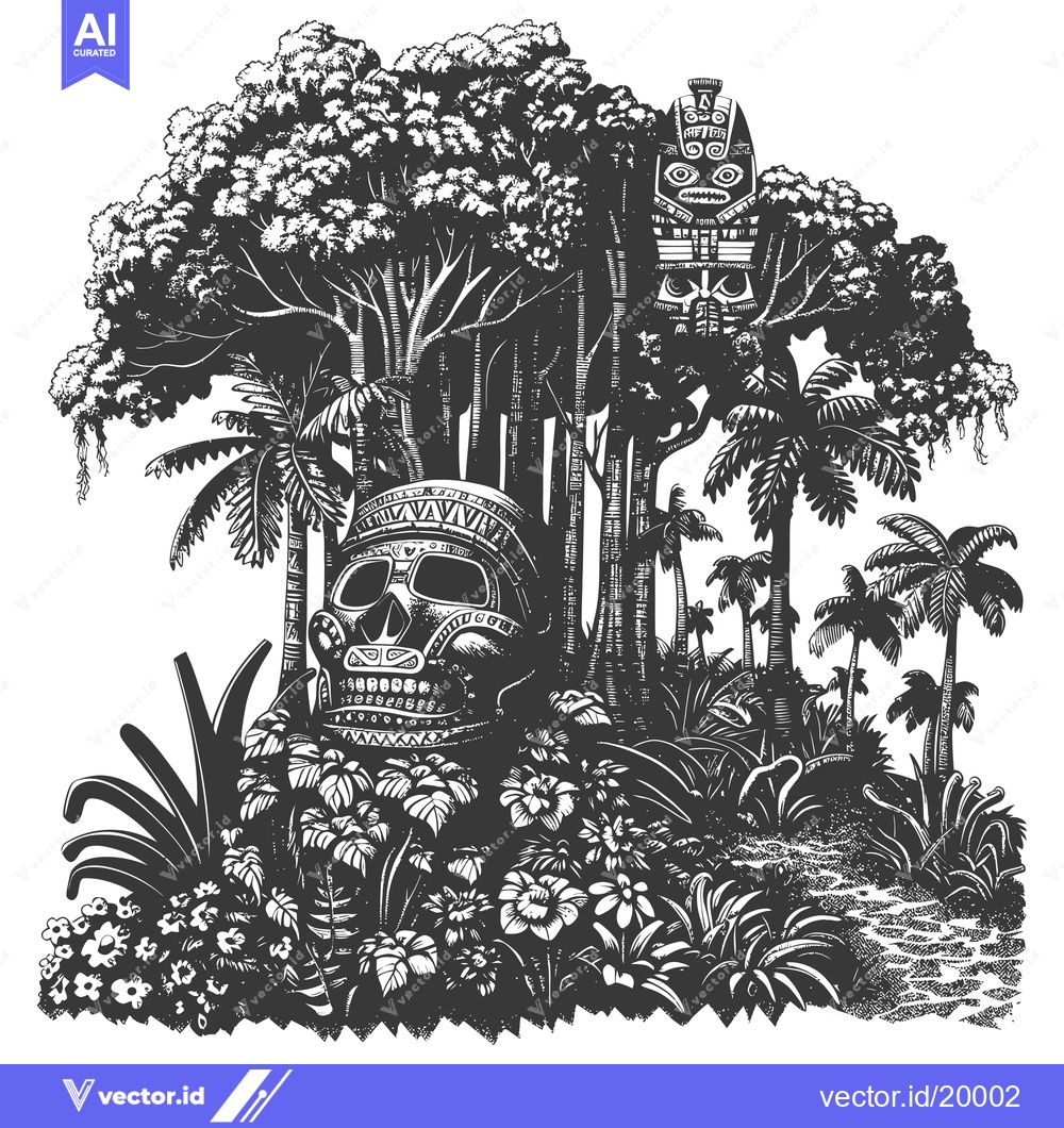 Premium Vector of A skull with a tribal mask surrounded by tropical plants and trees