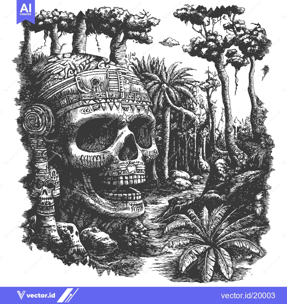 Premium Vector dari A Skull with Ornate Headwear Surrounded by Jungle Trees