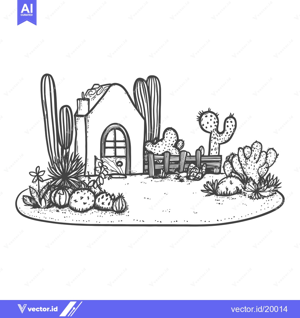 Premium Vector dari A Small Desert House Surrounded by Cacti