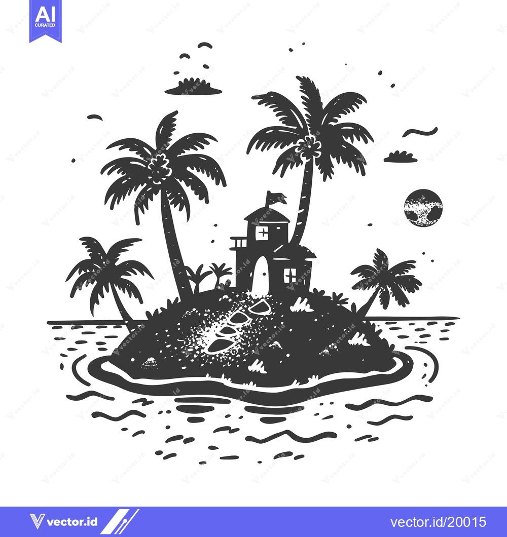 Premium Vector dari A Small Island with a House, Palm Trees, and a Flag on a Beach