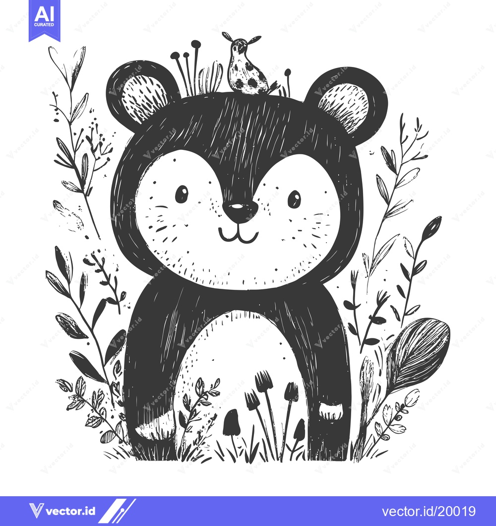 Premium Vector of A Smiling Bear Standing Among Plants and Mushrooms