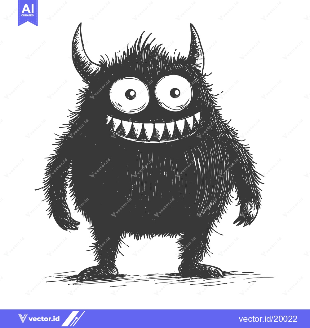 Premium Vector dari A Smiling Black Monster with Horns and Big Eyes