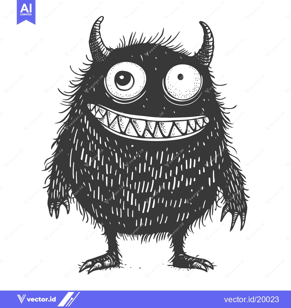 Premium Vector of A Smiling Black Monster with Two Horns and Big Eyes