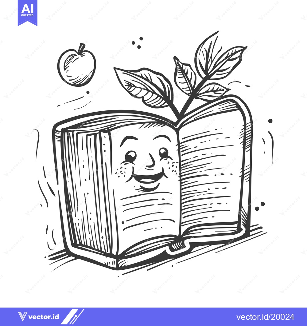 Premium Vector dari A Smiling Book with an Apple and Leaves