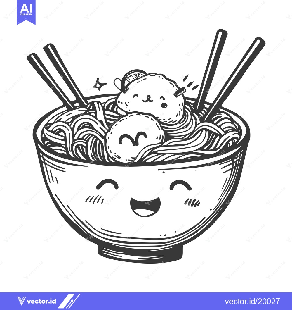 Premium Vector dari A smiling bowl of ramen with cute meatball toppings and chopsticks