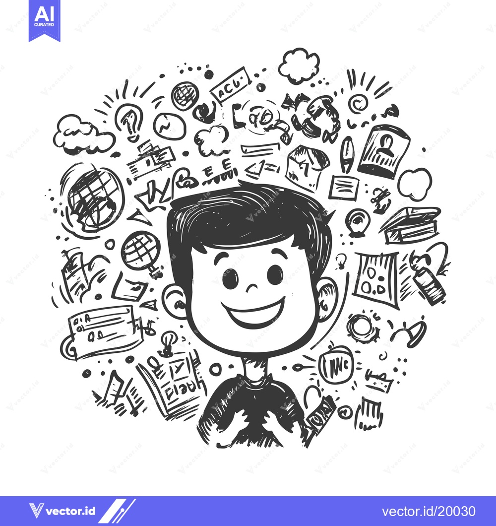 Premium Vector dari A Smiling Boy Surrounded by Hand-Drawn Symbols of Knowledge and Learni