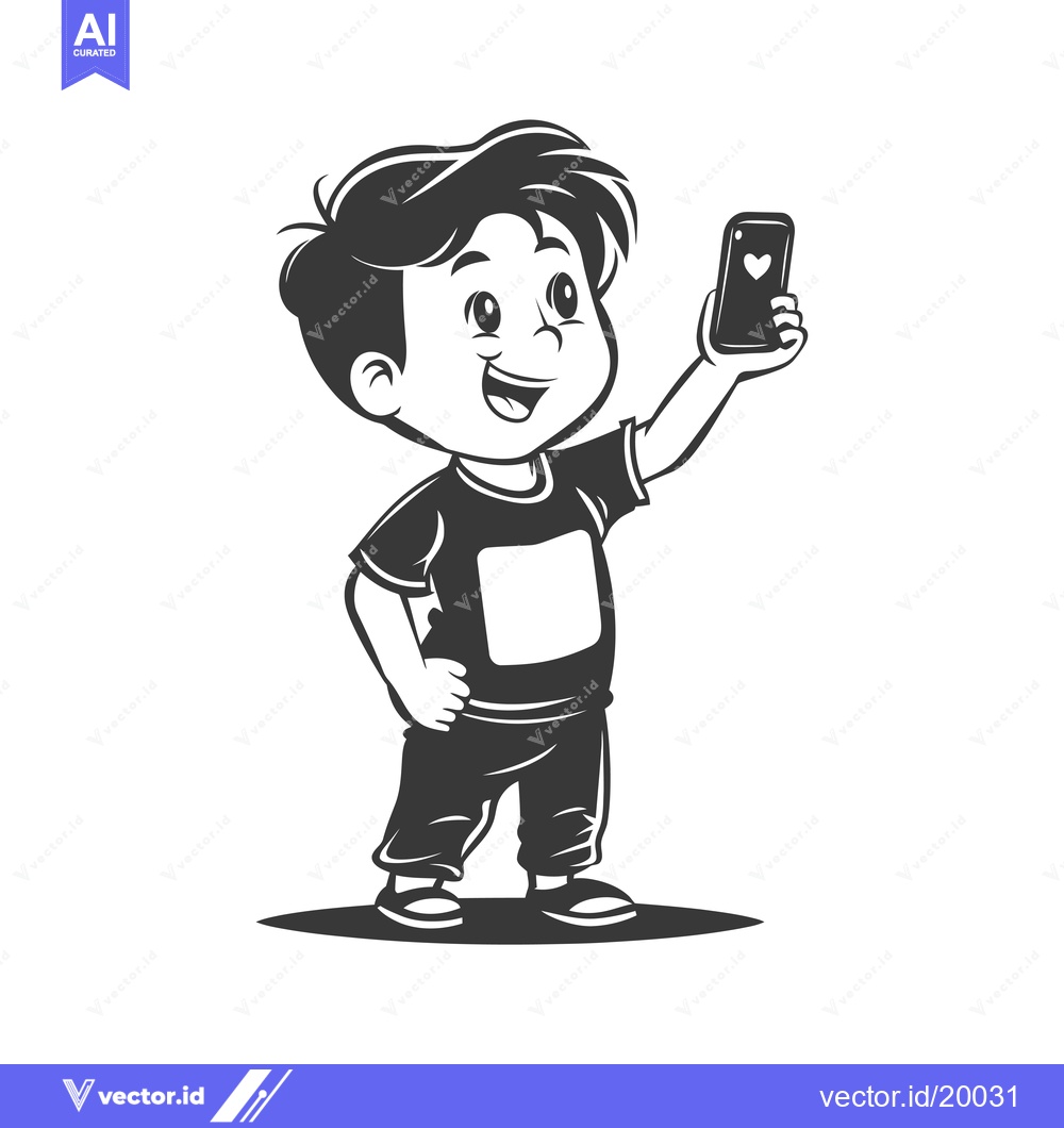 Premium Vector of A Smiling Boy Taking a Selfie with a Smartphone