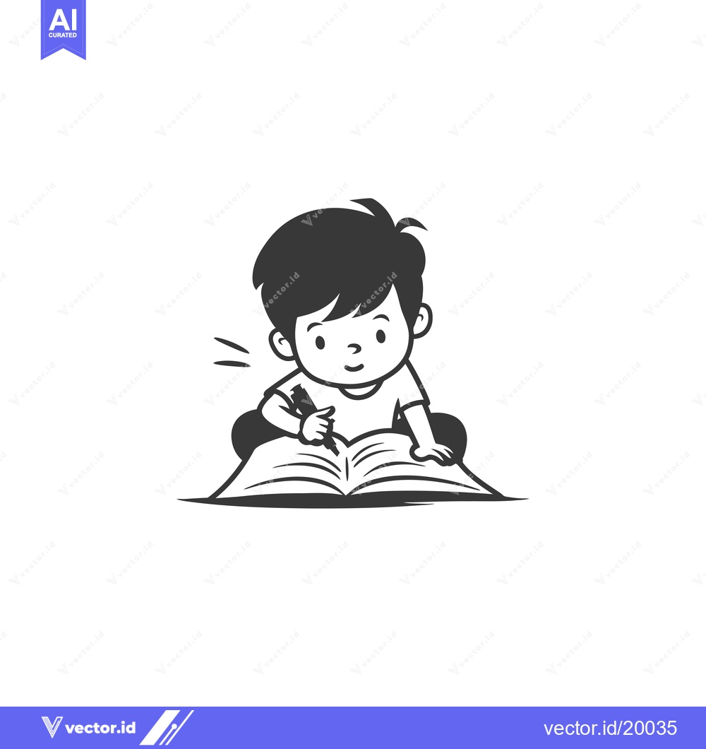 Premium Vector dari A smiling boy writing in a book with a pen