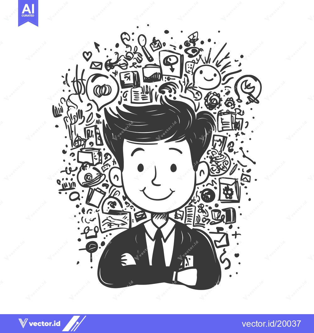 Premium Vector dari A Smiling Businessman Surrounded by Doodle Icons