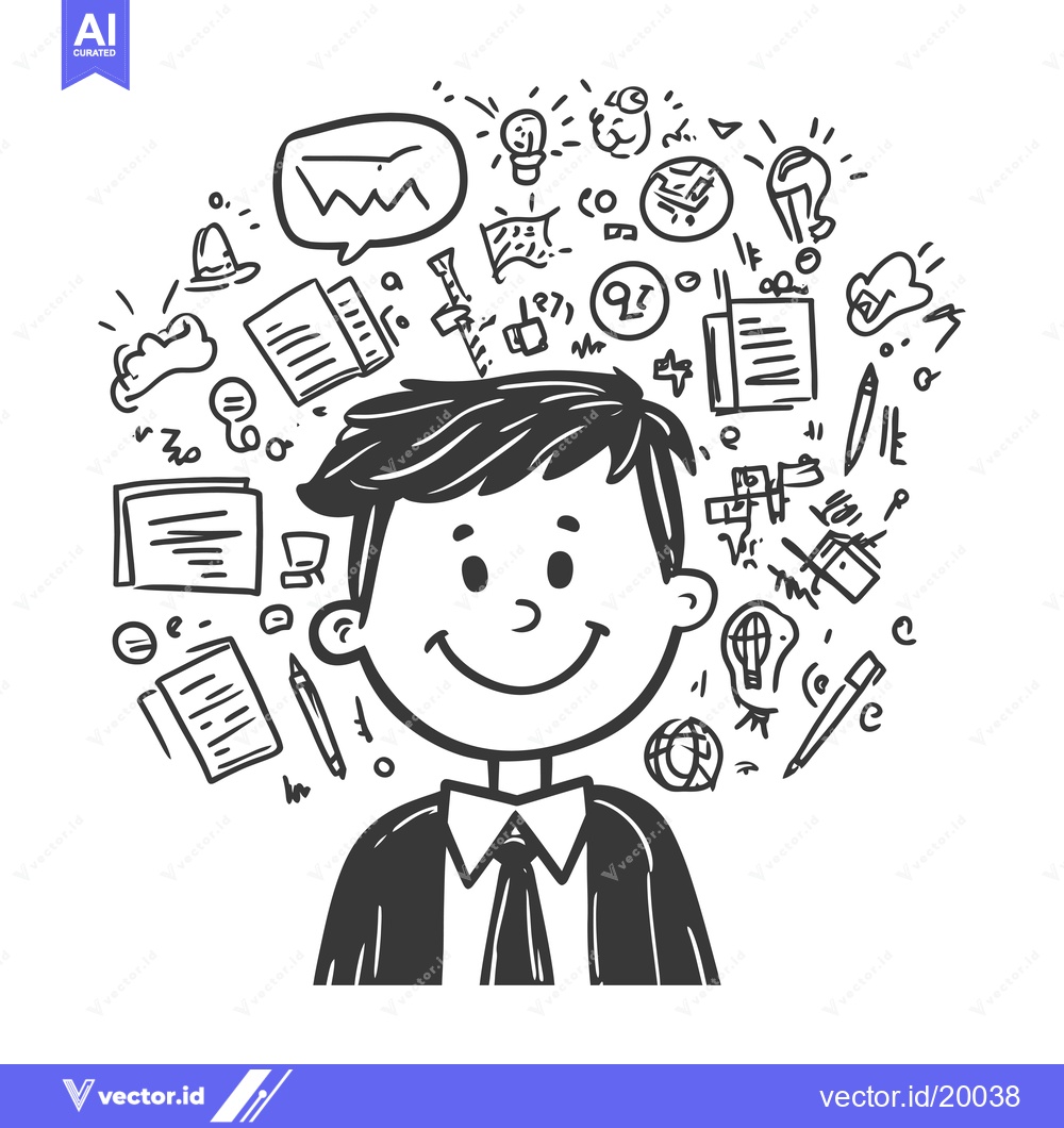 Premium Vector dari A smiling businessman with a tie surrounded by various doodles and sym