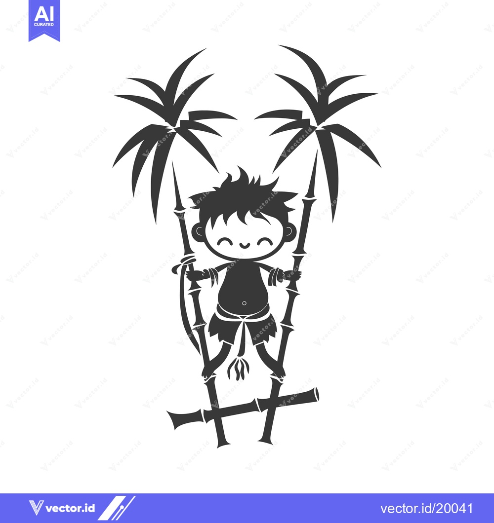 Premium Vector of A smiling cartoon boy balancing on two bamboo poles with palm trees be