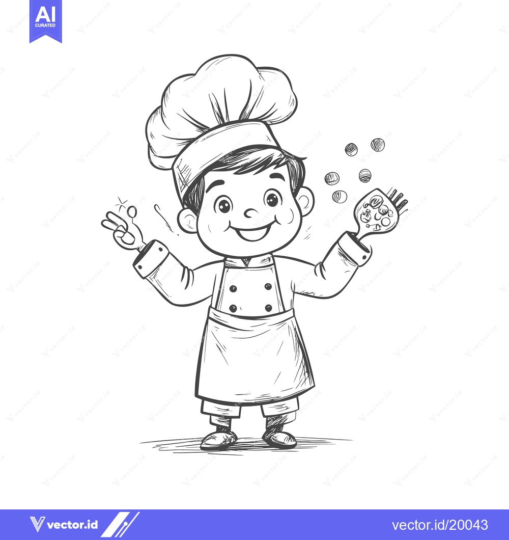 Premium Vector dari A Smiling Cartoon Chef Holding a Spatula with Dots Floating Above Him