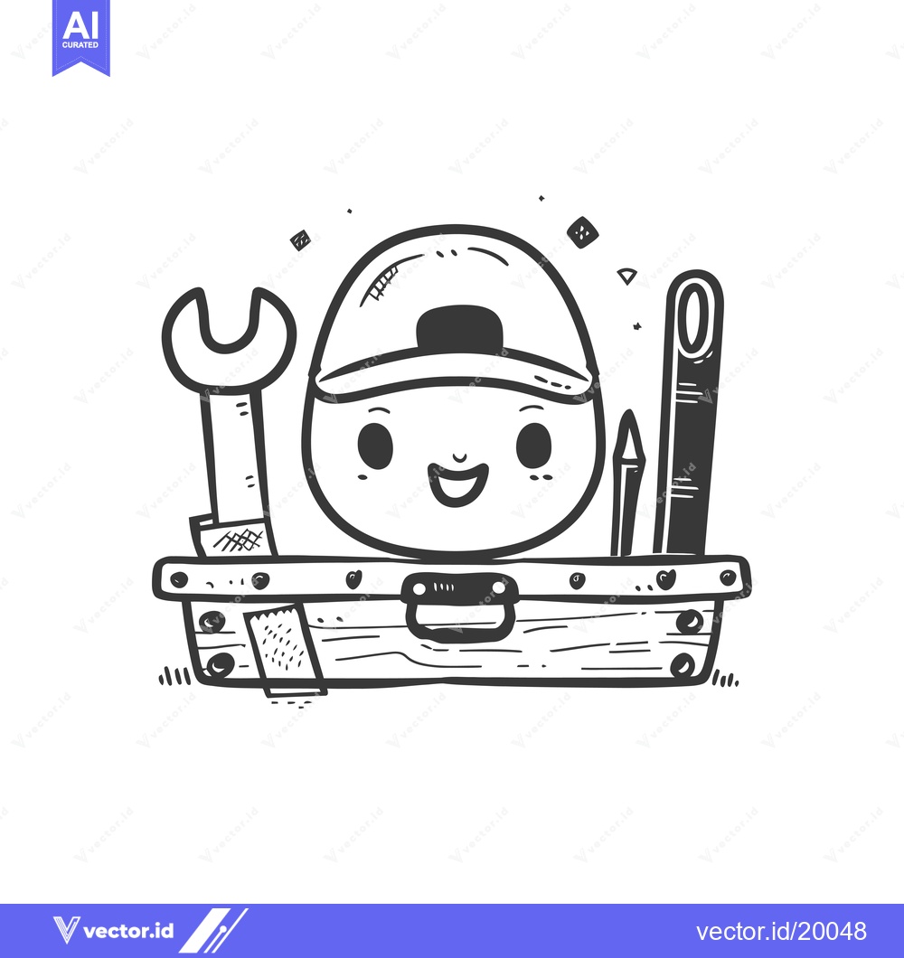 Premium Vector of A smiling cartoon head wearing a cap inside a toolbox