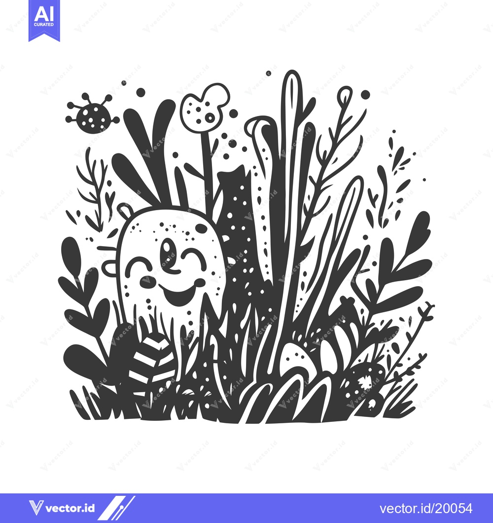 Premium Vector of A Smiling Character Surrounded by Black and White Abstract Flora