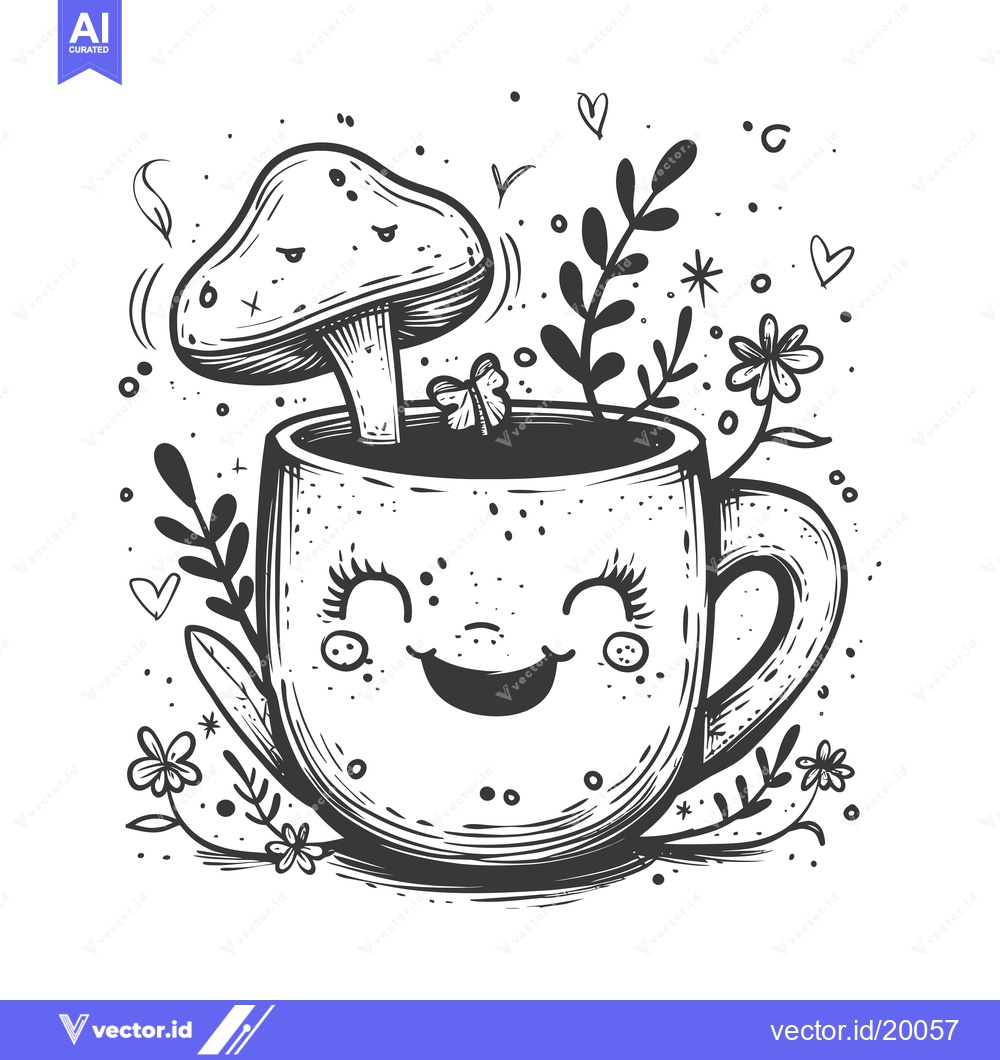 Premium Vector of A Smiling Coffee Mug With a Mushroom on Top and Surrounded by Flowers