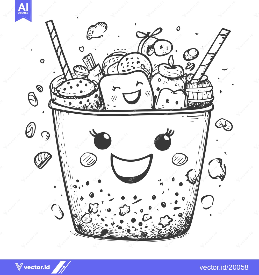 Premium Vector dari A Smiling Cup Filled with Various Desserts and Two Straws