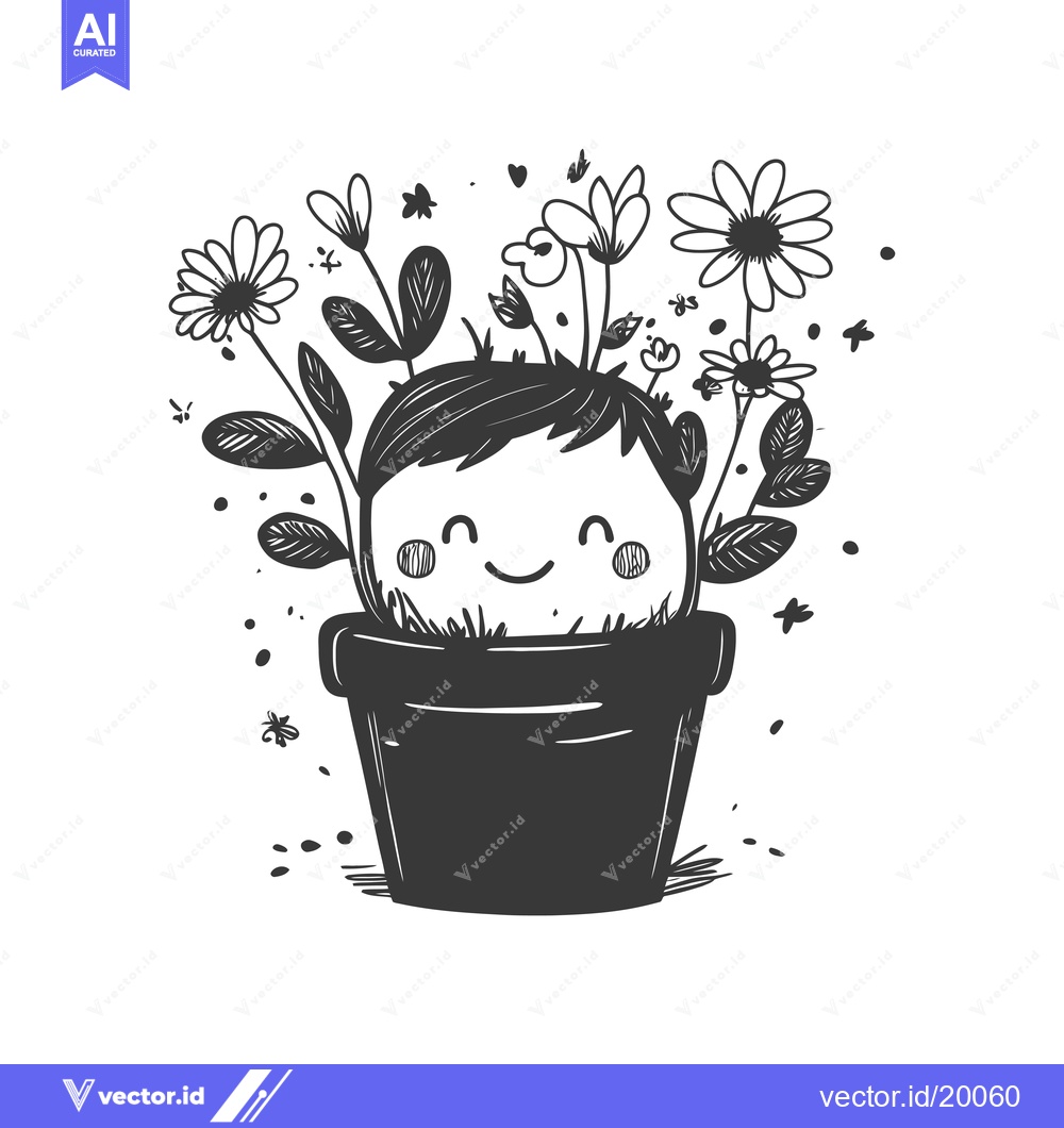 Premium Vector dari A Smiling Face Growing Flowers From Its Head in a Pot